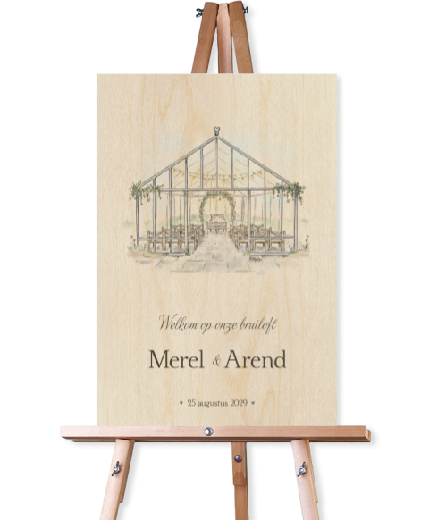 Welkomstbord bruiloft hout kas illustratie Greenhouse Romance