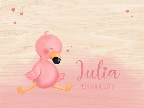 Houten memorybox met flamingo en naam – Mijn eerste spulletjes