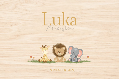 Memorybox met lieve giraf, leeuw en olifant