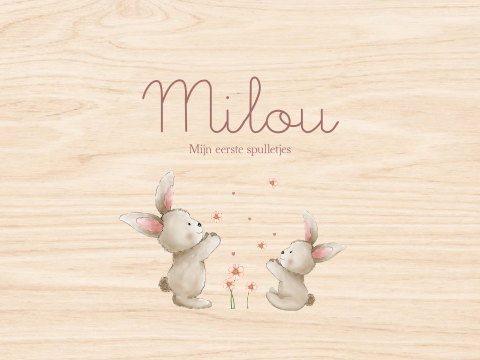 Houten memorybox met konijntjes en naam – Mijn eerste spulletjes