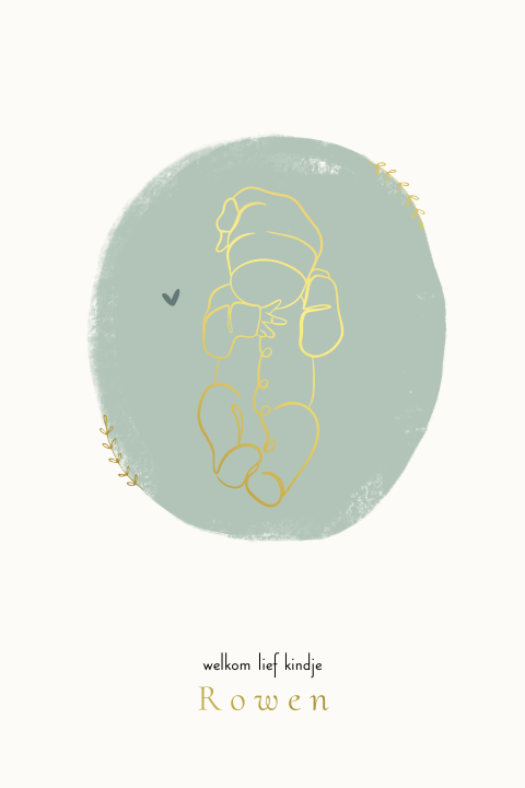 Geboortekaartje met lijntekening van een schattige baby in goudfolie