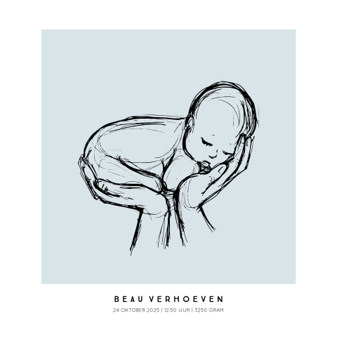 Geboorteposter baby schets in hand - Blauwe achtergrond (vierkant)