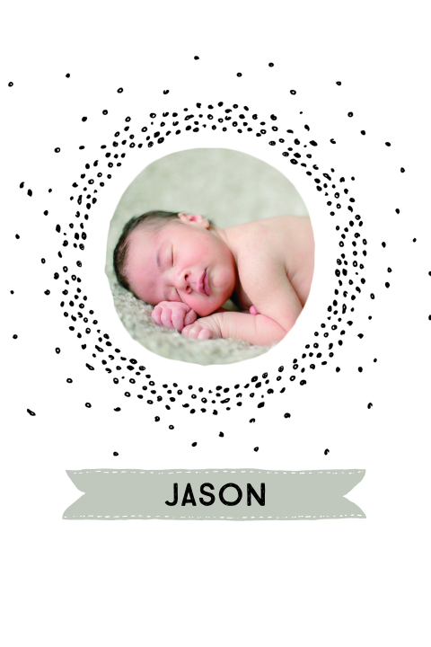 Hip geboortekaartje met stippen en banner in mint groen