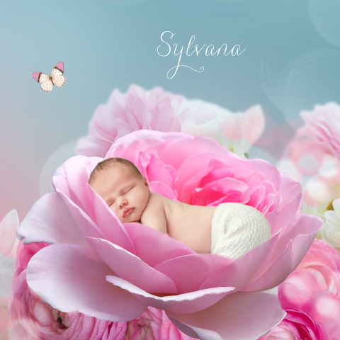 sprookjesgeboortekaartje met baby in roze bloemen
