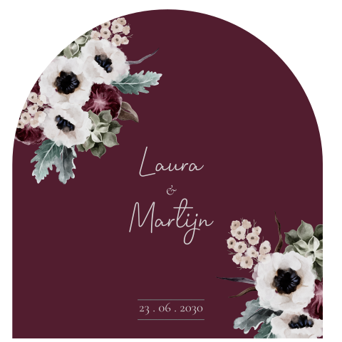 trouwkaart boog bordeaux rood bloemen