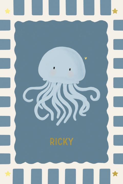 Geboortekaartje kwalletje in zachte blauwtinten met goudfolie