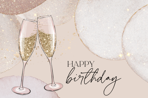 Verjaardagskaart champagne, goud en glitter