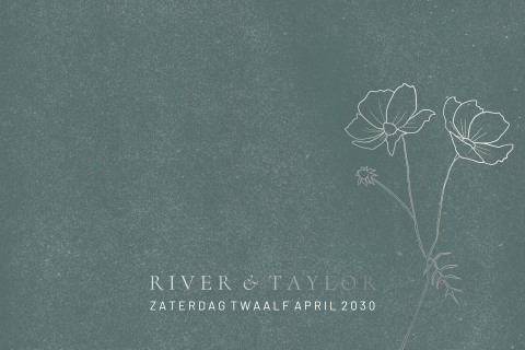 Chique trouwkaart met bloem in zilverfolie en groene velvet