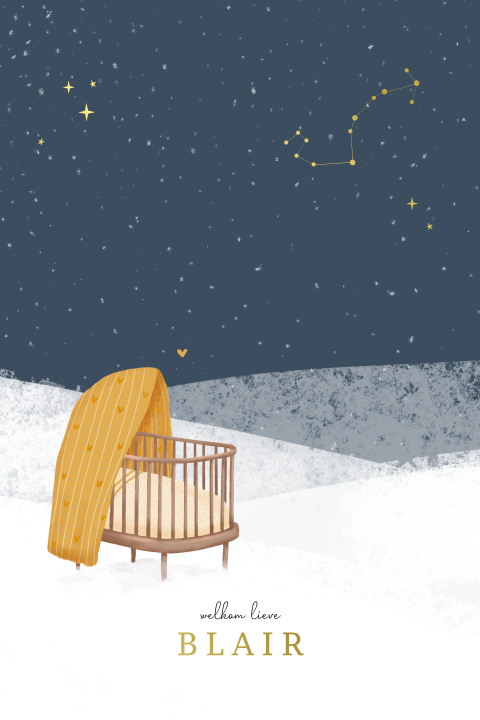 Winter geboortekaartje met ledikantje en sterrenbeeld in de sneeuw