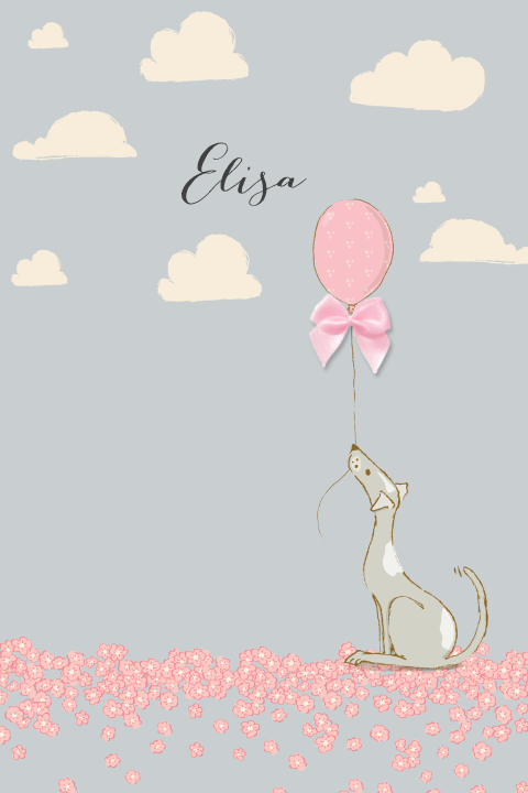 Lief geboortekaartje met hondje met roze ballon en bloemetjes