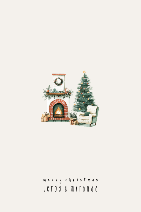 kerstkaart illustratie huiskamer open haard cadeautjes