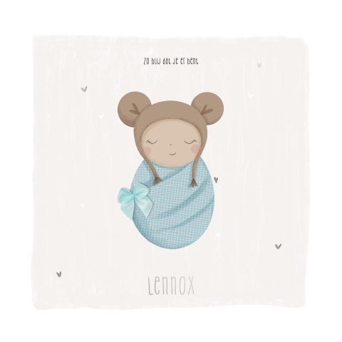 Geboortekaartje met echt strikje en lieve baby in blauw bruin