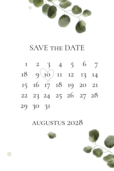 Stijlvolle save the date met eucalyptus en kalender