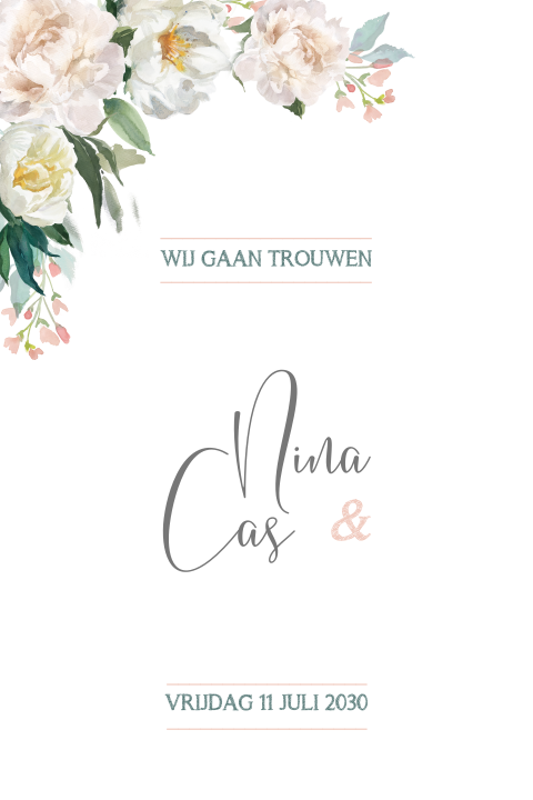 Trouwkaart met witte en roze bloemen