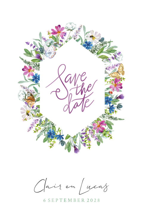 Save the date kaart met veldbloemen en vlinders