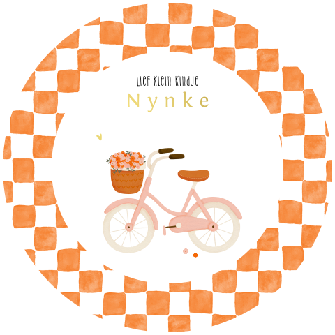 Geboortekaartje meisje rond fiets vol bloemen en goudfolie