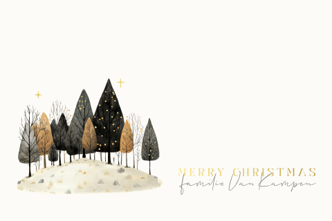 kerstkaart landschap bomen lichtjes goudfolie