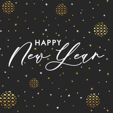 Happy New Year nieuwjaarskaart zwart met goudkleurige sterren