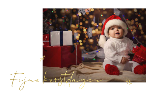 kerstkaart met foto en goudfolie tekst en takjes