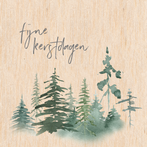 Houten kerstkaart met kerstbomen in aquarelstijl