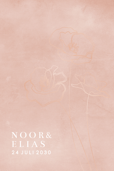 Stijlvolle trouwkaart met lijntekening klaprozen