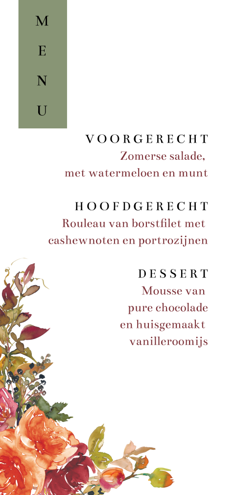Menukaart met oranje en rode bloemen waterverf