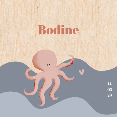 Geboortekaartje meisje hout met roze octopus