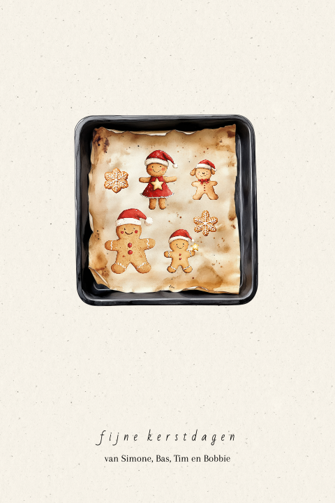 kerstkaart illustratie eigen gezin koekjes bakplaat