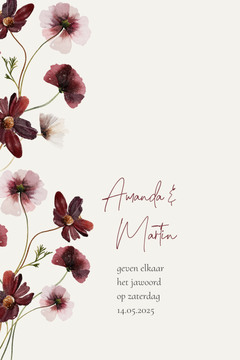 Trouwkaart met rode en roze bloemen