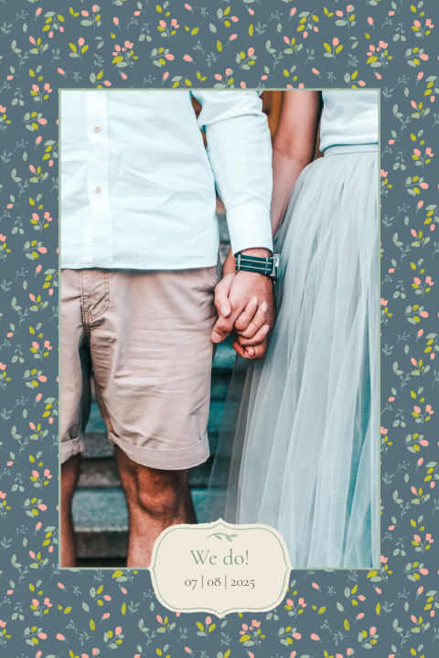 vintage trouwkaart met eigen foto en lieve roze bloemetjes