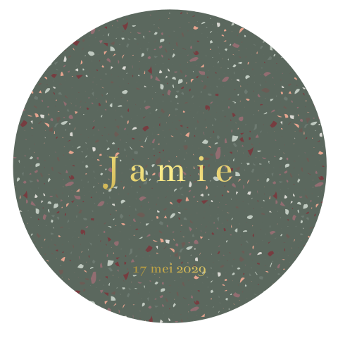 Ronde geboortekaart terrazzo groen met goudfolie