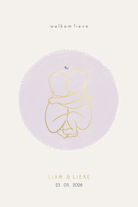 Geboortekaartje met lijntekening van een tweeling en folie