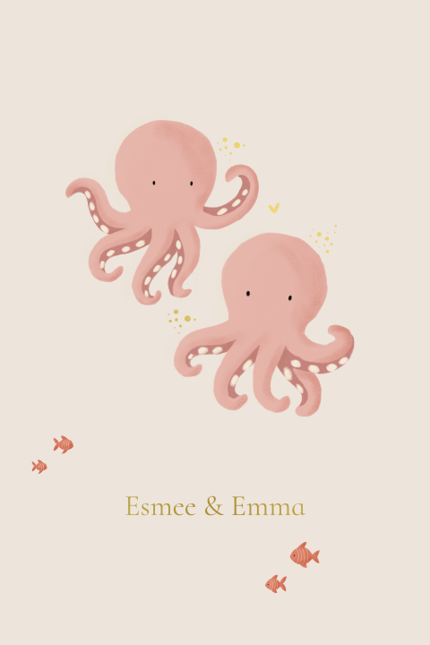Geboortekaartje tweeling met octopusjes | Zacht nude & goud 
