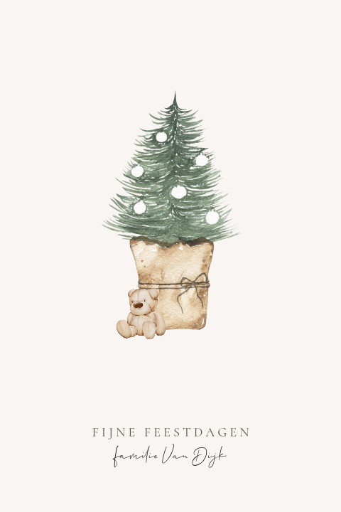 kerstkaart met illustratie kerstboom en teddybeer