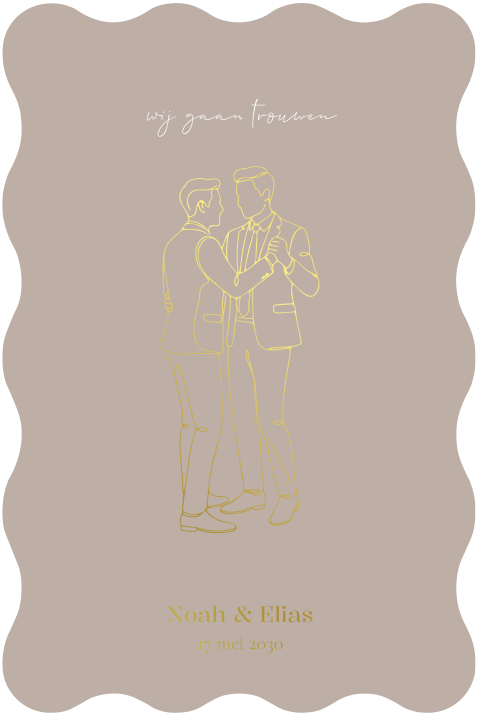 Moderne trouwkaart met lijntekening mannelijk koppel en goufdolie