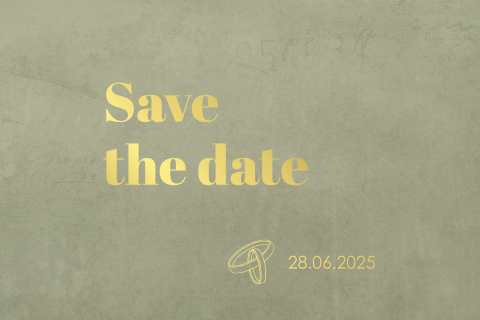 save the date mosgroen met trouwringen in goudfolie