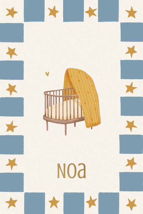 Geboortekaartje jongen wiegje met sterren | Blauw & oker