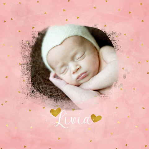 Lief geboortekaartje met foto roze met gouden hartjes