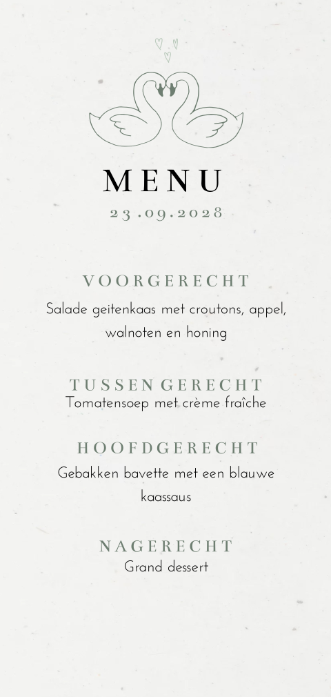 Menukaart duurzaam met lijntekening van twee zwanen