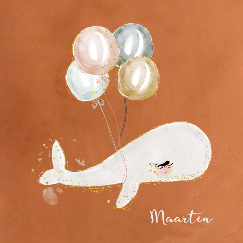 Lief geboortekaartje walvis met ballonnen roestbruin