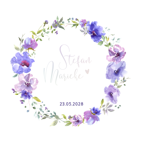 Trouwkaart met waterverf bloemen in paars en groen