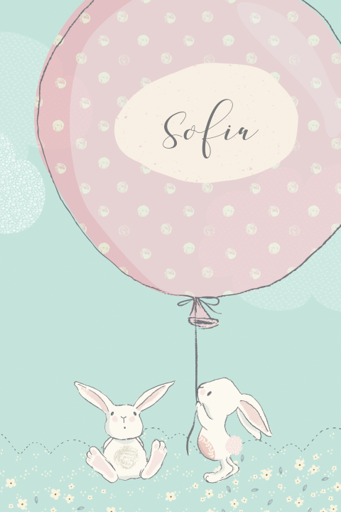 Geboortekaartje met lief konijntje met ballon in roze en mint
