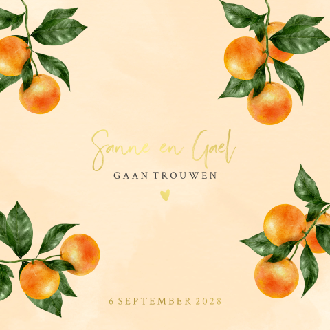 Trouwkaart met sinaasappels en folie