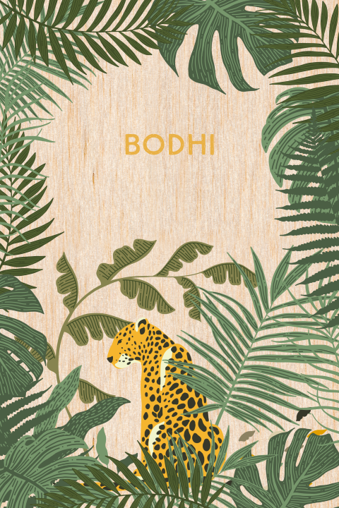 Stoer geboortekaartje hout jungle panter botanisch