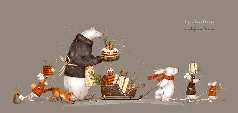 kerstkaart dieren met cadeautjes en taart