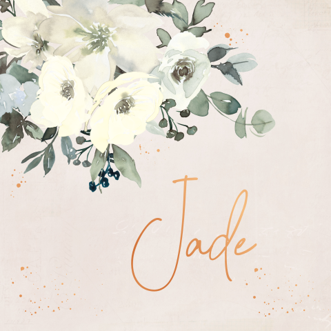 Geboortekaartje waterverf ivoor bloemen en koperfolie