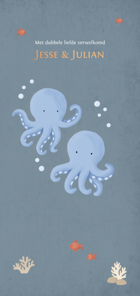 Geboortekaartje tweeling met octopusjes | Oceaan blauw
