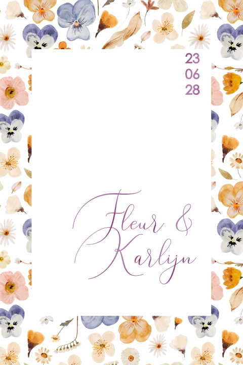 Kleurrijke trouwkaart met bloemen en hoogglans details