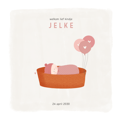 Lief geboortekaartje baby met mutsje in mandje roze