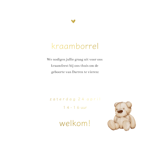 Kaartje kraamborrel uitnodiging beer met goudfolie